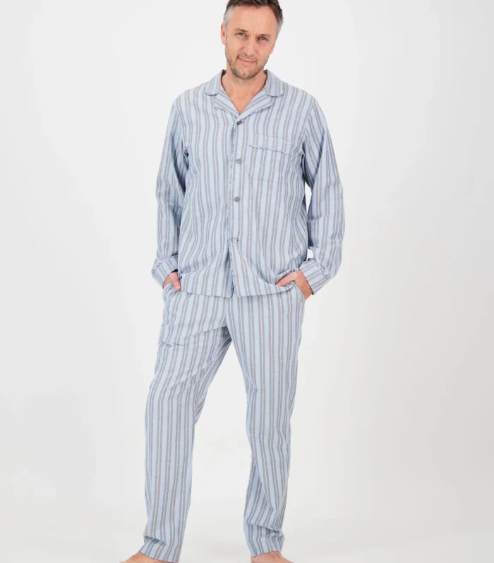 Mens Long Pyjamas - Flannel Turquoise & Charcoal Stripe